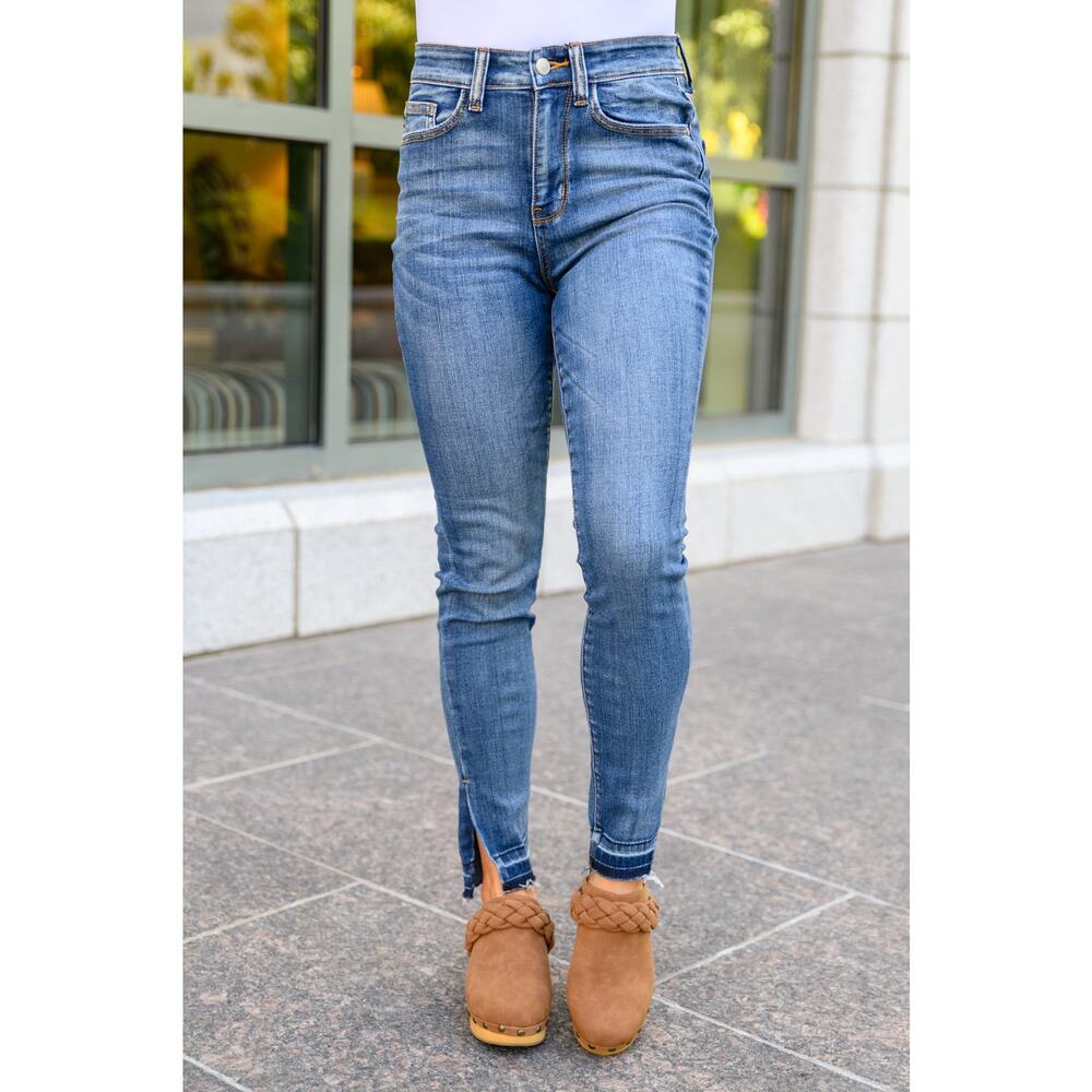 Judy Blue Catch and Release Side Slit Skinny Fit High Rise Dark Wash Denim Jeans